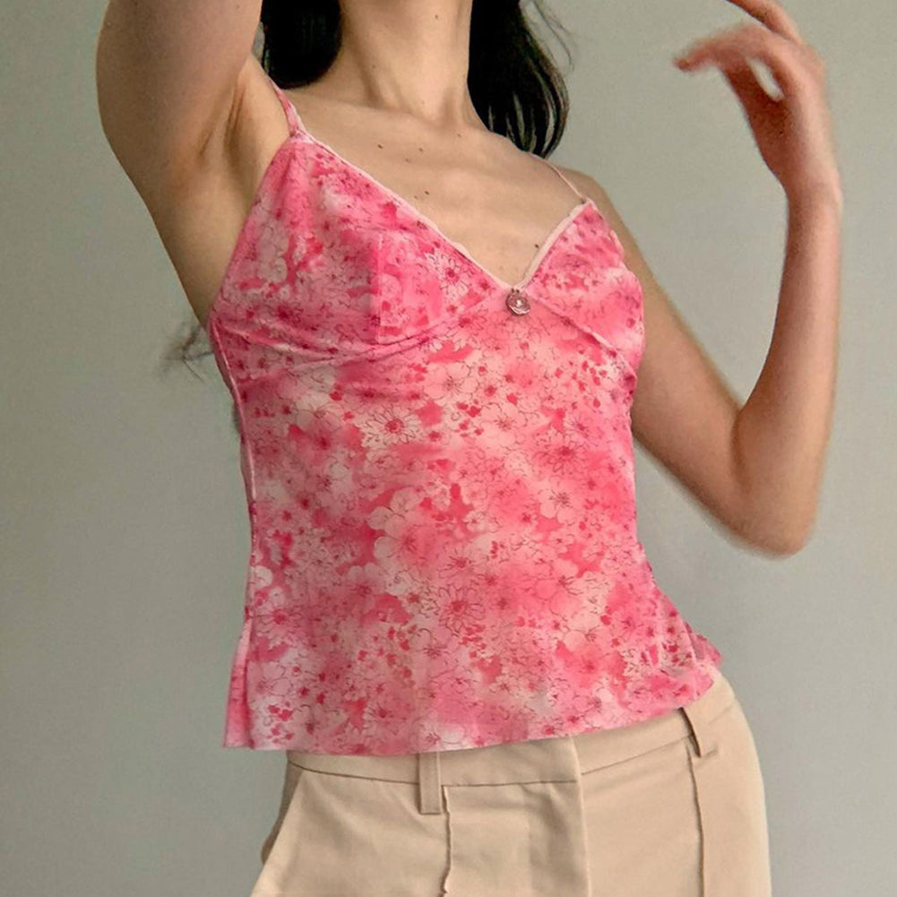 YESFASHION Floral Camisole V-neck Out Wear All-match Thin Vest Tops