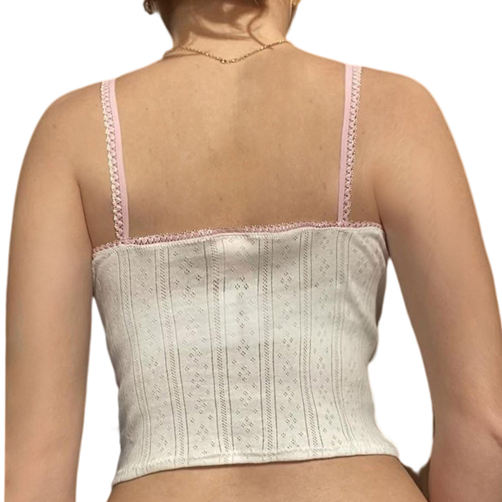 YESFASHION Fresh Lace Stitching Pink Thin Shoulder Strap Vest Tops