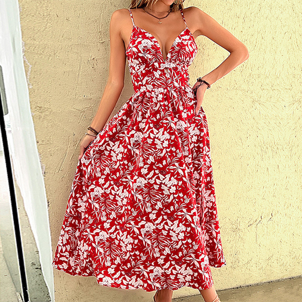 YESFASHION Women Red Suspenders Holiday Wind Dress