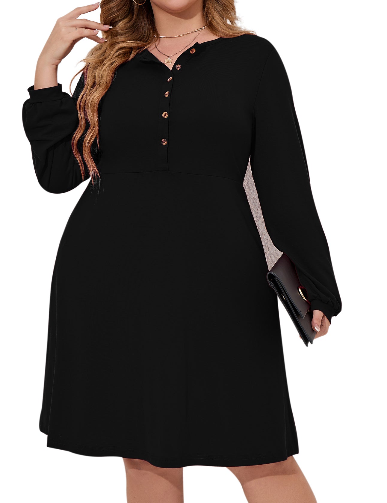 Women's Plus Size Button Up Long Balloon Sleeve Fall Dress