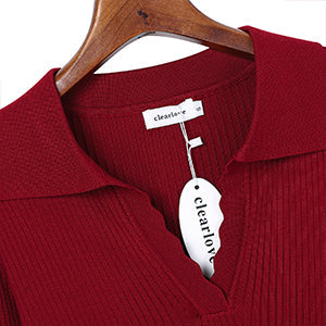 YESFASHION Womens Short Sleeve Polo Sweaters Ruffle Knit Tops Wine Red